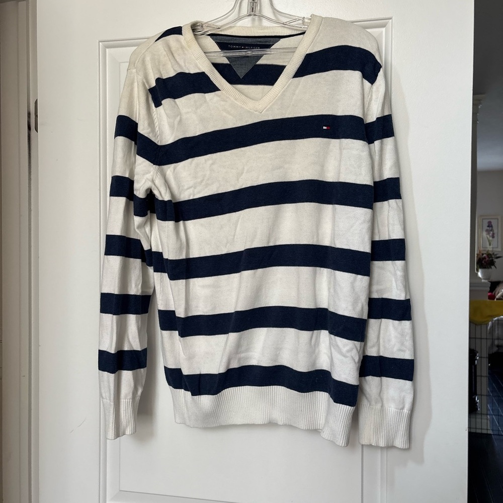 Tommy Hilfiger V-Neck Sweater Blue and White Striped